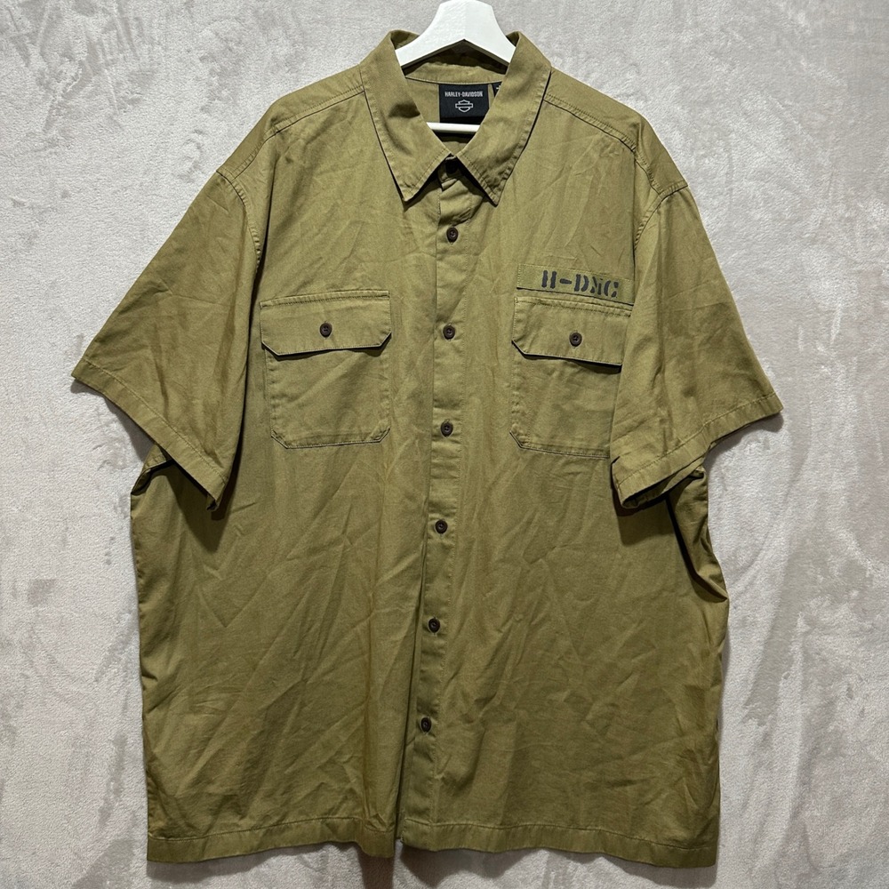 Harley Davidson Mens 3XL Olive Green Short Sleeve Button Up Work Shirt Logo